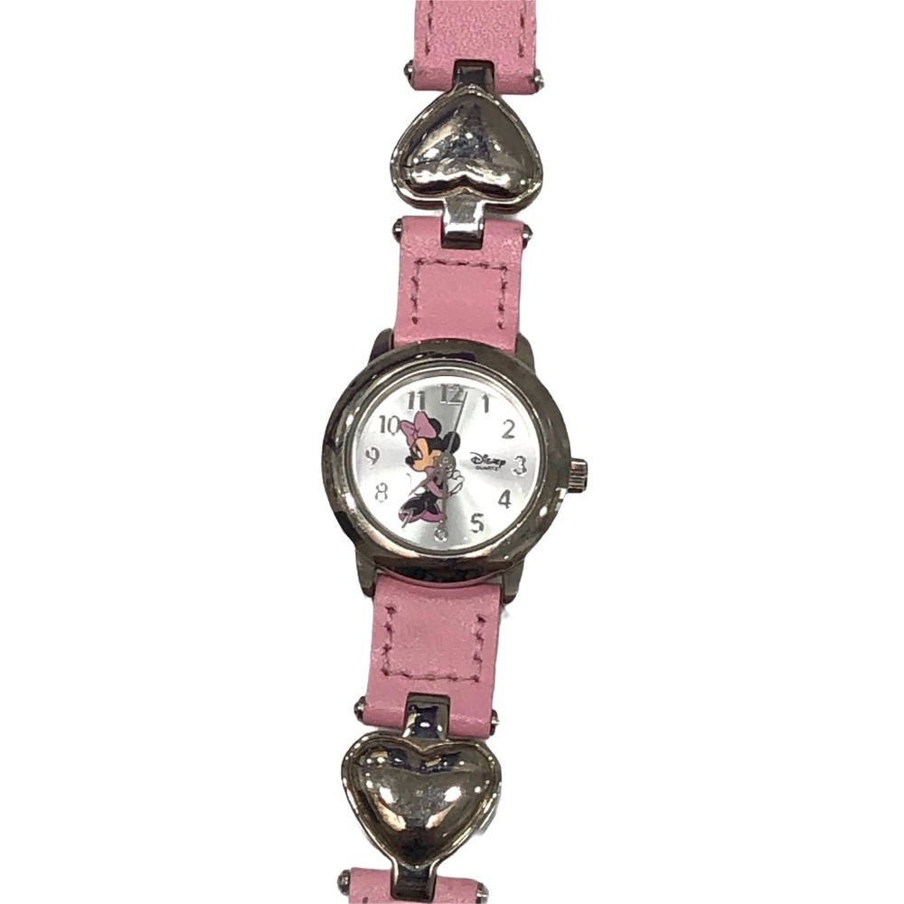 DISNEY MINNIE MOUSE WATCH WITH PINK LEATHER & SILVER METAL HEARTS BAND